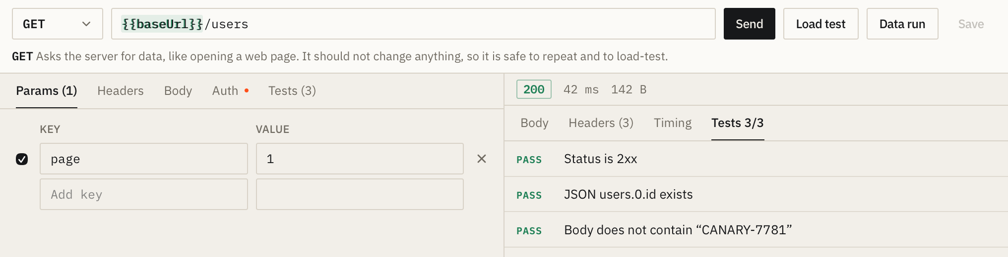 A GET request to /users answered with status 200 in 42 ms, and three tests passing