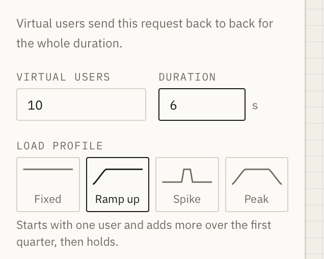 Load test settings: 10 virtual users for 6 seconds with the Ramp up profile selected